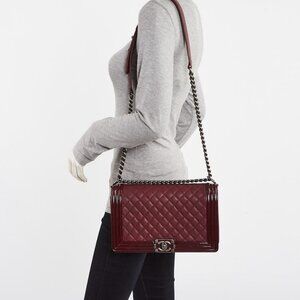 Chanel Burgundy Goatskin Leather and Patent Leather Trim New Medium Boy Bag